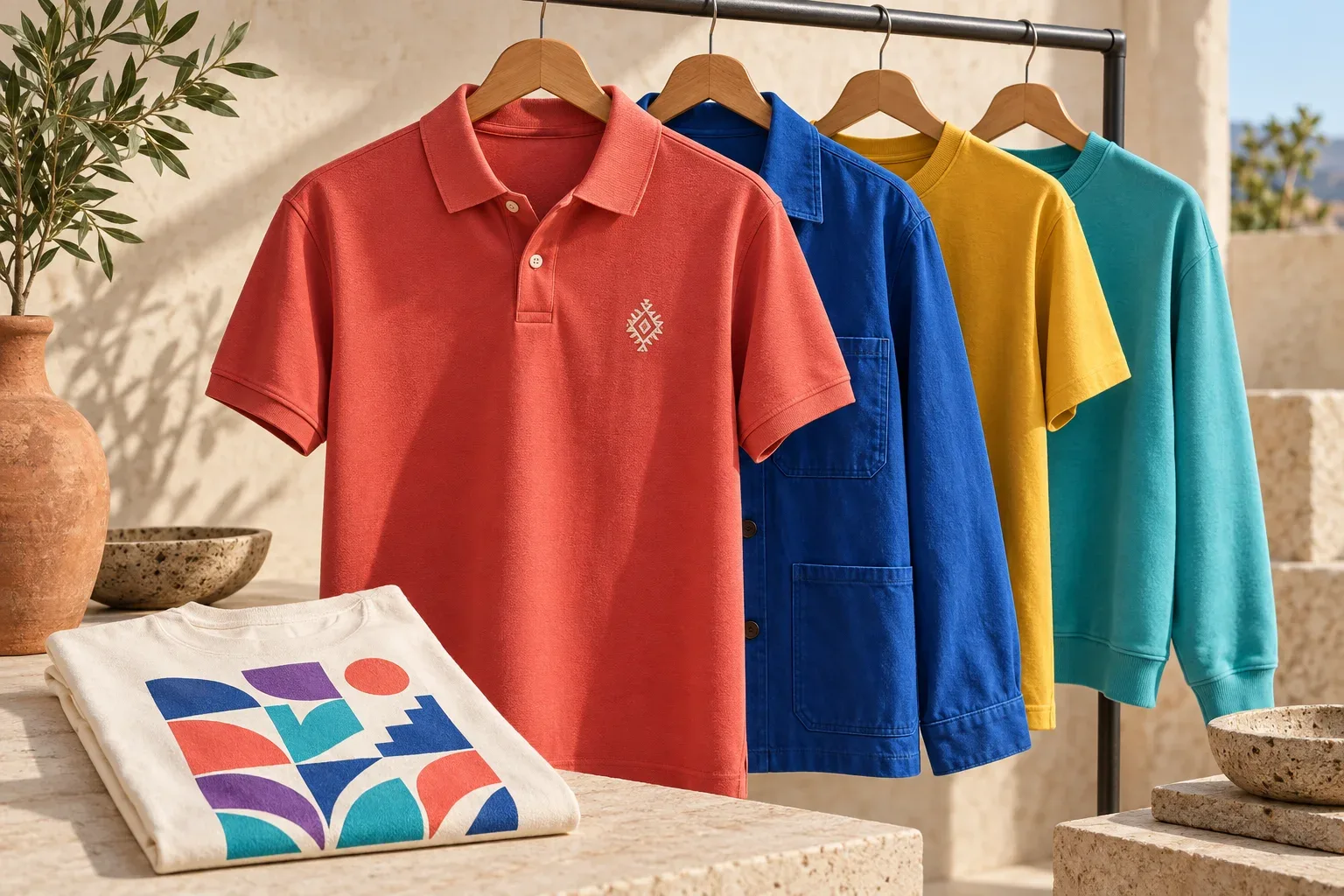 Prendas color coral, azul y amarillo para personalización textil